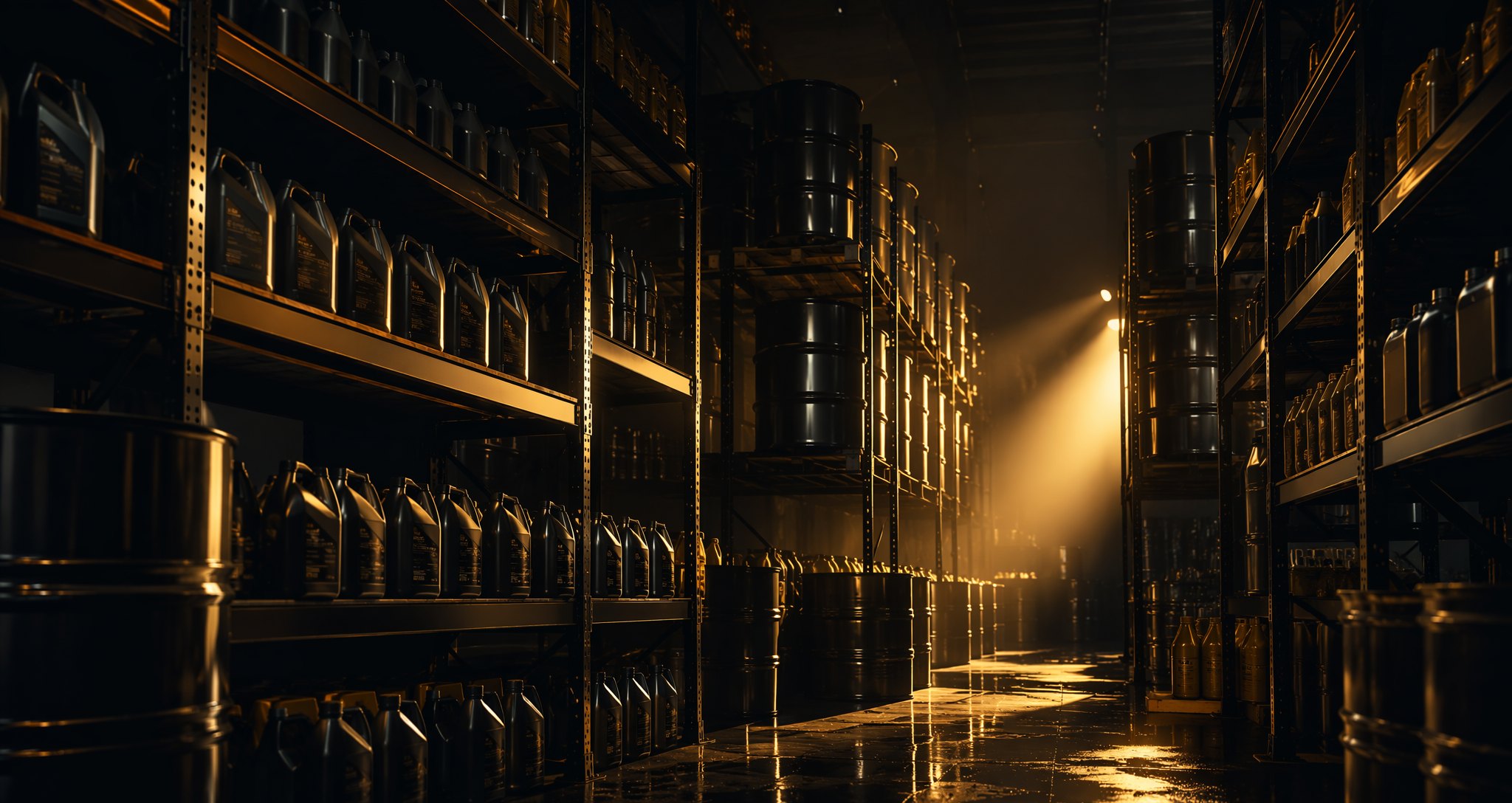 Bodega central de DIANCA en Managua, estanterías con lubricantes bajo luz dorada